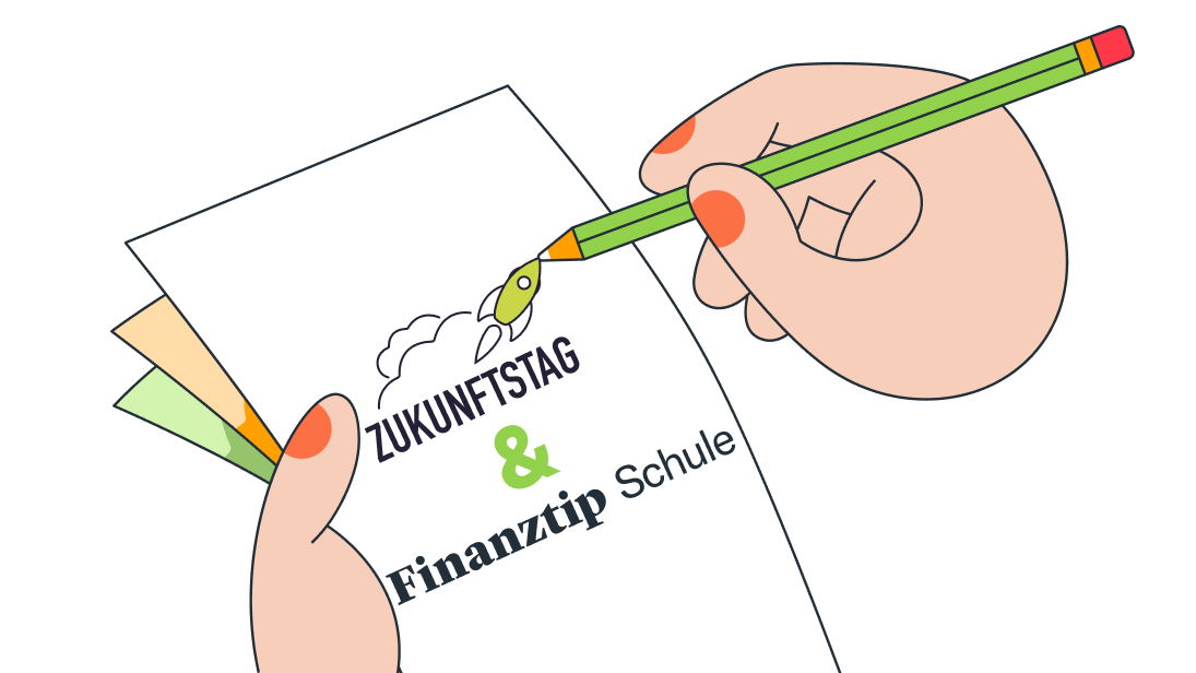 Logos von Zukunftstag und Finanztip Schule auf einem Arbeitsblatt